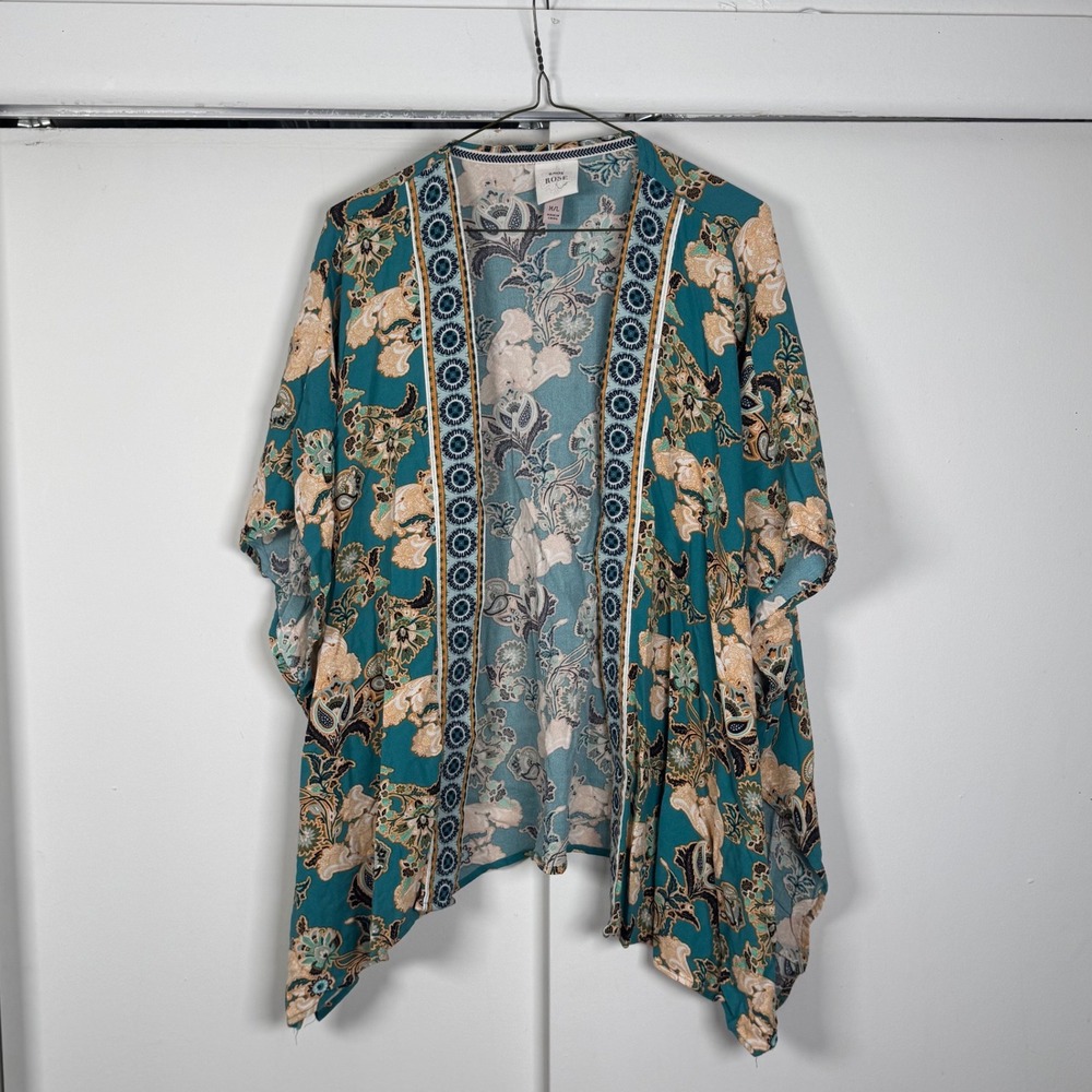 Knox Rose Teal Floral Paisley‎ Kimono Wrap Open Front Flowy Cardigan ML SS